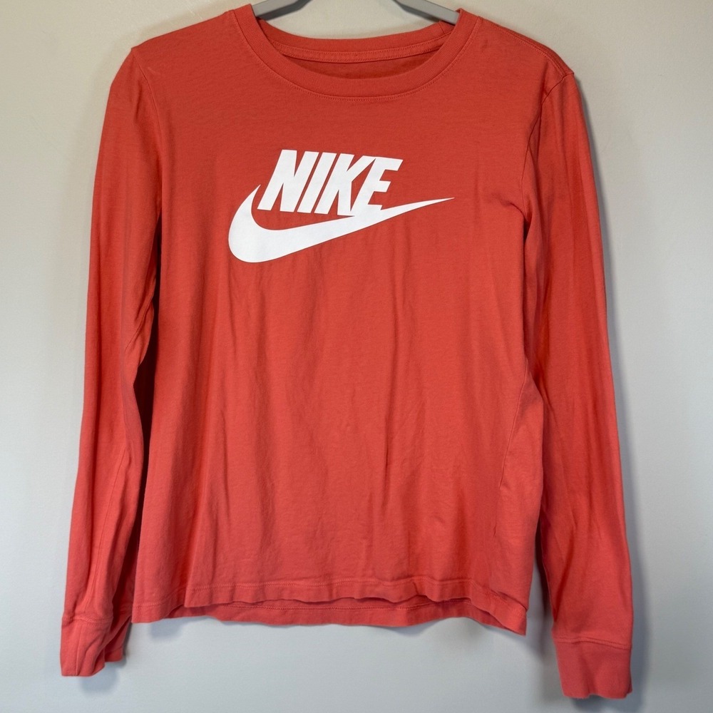 Nike Long Sleeve T-Shirt Womens Small Coral Pink Futura Logo Tee Casual Gym Wear